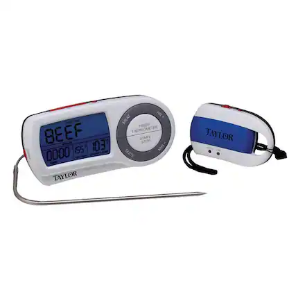 FOOD 3338 F IS5 103 Select 0000 TAYLOR HR + MEAT TIMER THERMOMETER START/ STOP MIN TASTE TAYLOR SET AP LOW