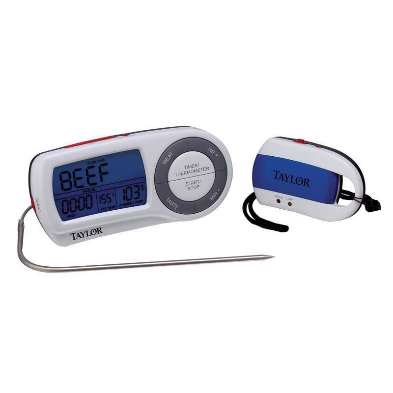 FOOD 3338 F IS5 103 Select 0000 TAYLOR HR + MEAT TIMER THERMOMETER START/ STOP MIN TASTE TAYLOR SET AP LOW