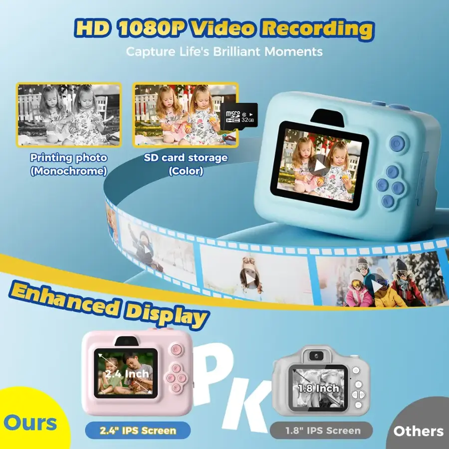 HD 1080P Video Recording Capture Life's Brilliant Moments. Enhanced Display. 2.4 Inch IPS Screen. 32G8 Printing photo (Monochrome) SD card storage (Color). PK 1.8" 1.8 IPS Inch Screen. Ours 2.4" IPS Screen. PK. Others.