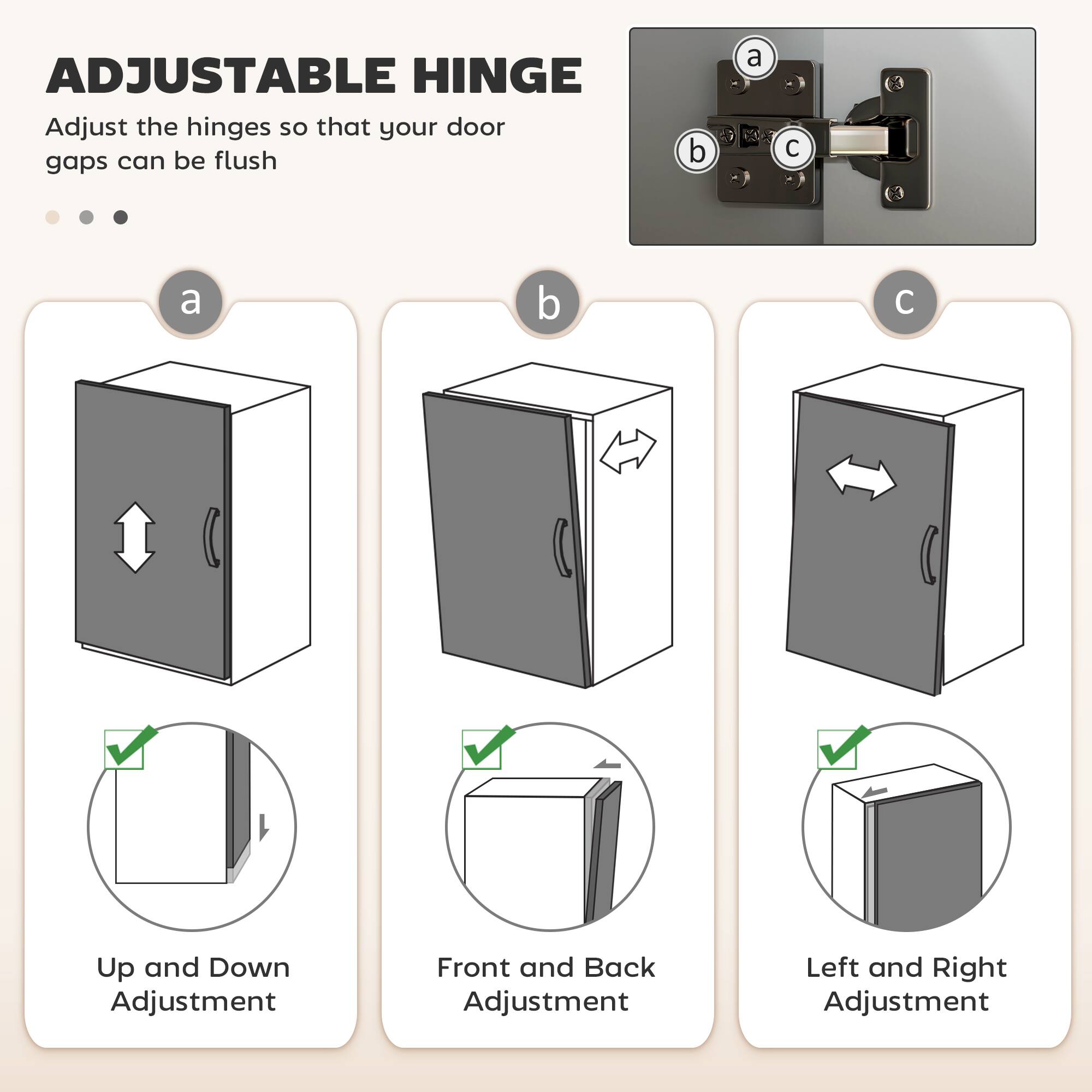 ADJUSTABLE HINGE Adjust the hinges so that your door gaps can be flush

a. Up and Down Adjustment
b. Front and Back Adjustment
c. Left and Right Adjustment