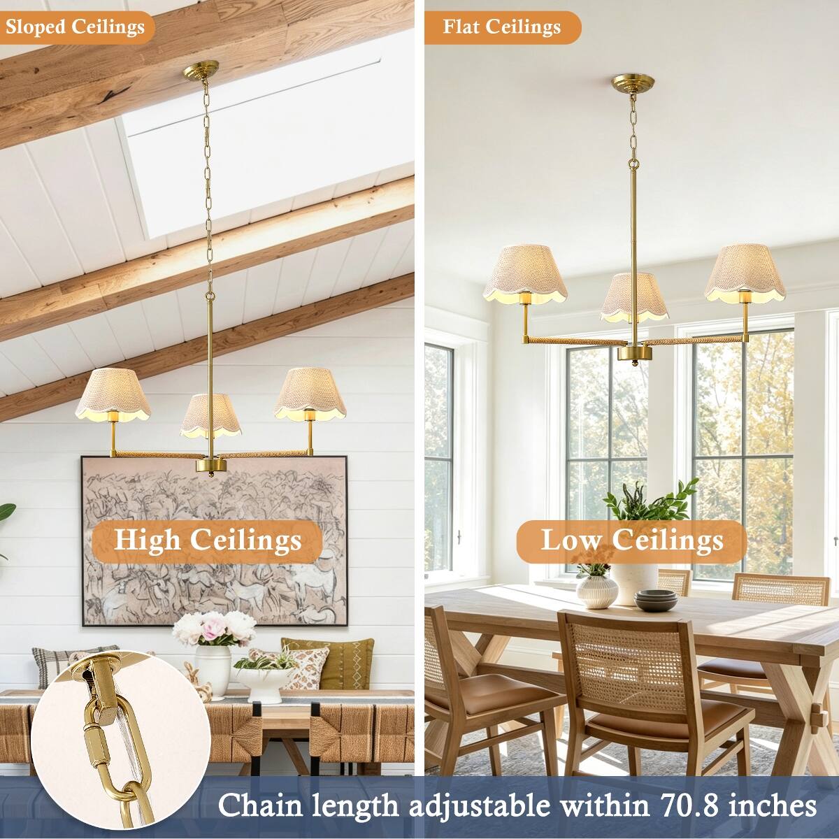 Sloped Ceilings  
Flat Ceilings  
High Ceilings  
Low Ceilings  

Chain length adjustable within 70.8 inches