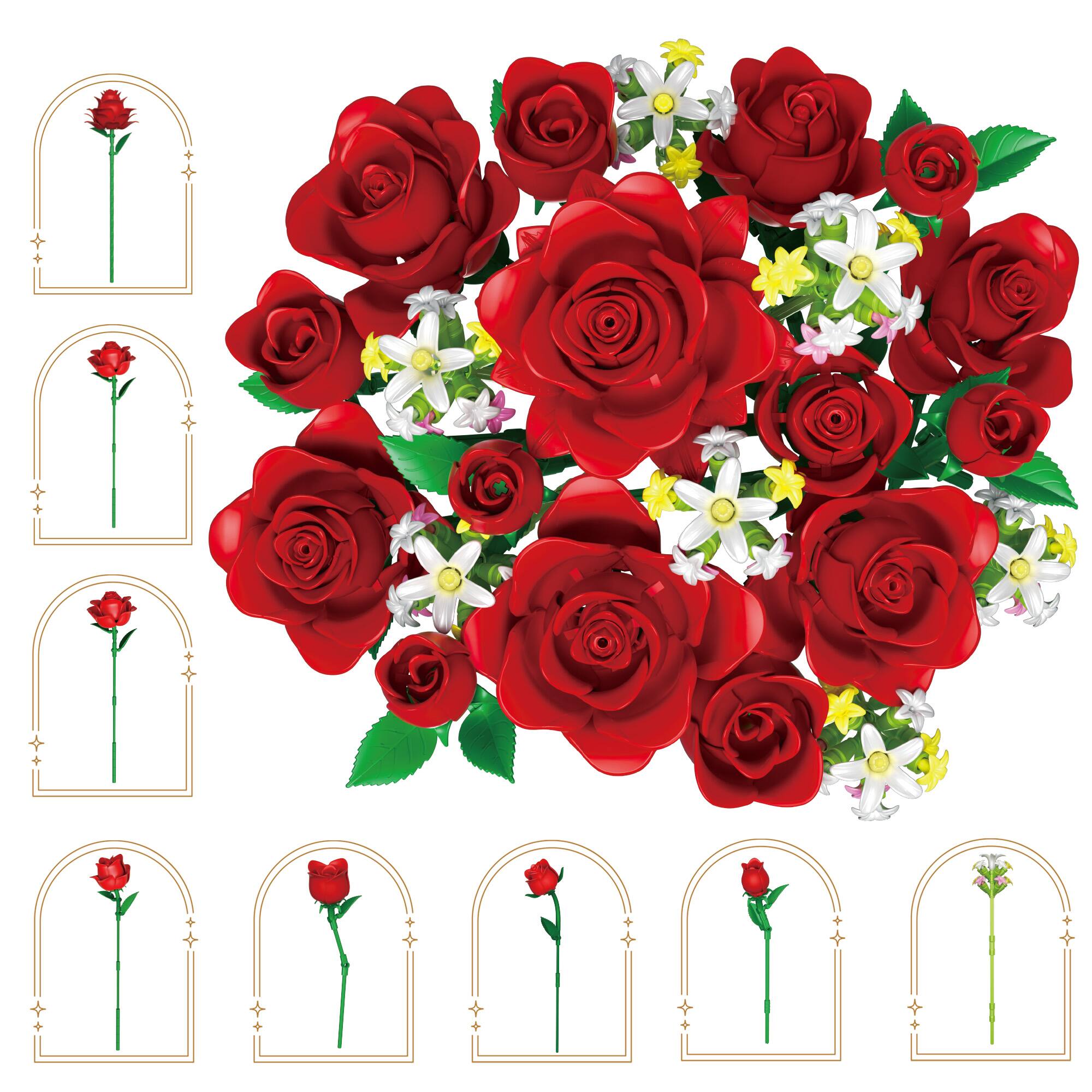 Angle. Contixo - BK09 Red Rose Bouquet Building Set, 789-Piece Botanical Brick Kit with Adjustable Stems for Kids & Adults Ages 8+ - Red.