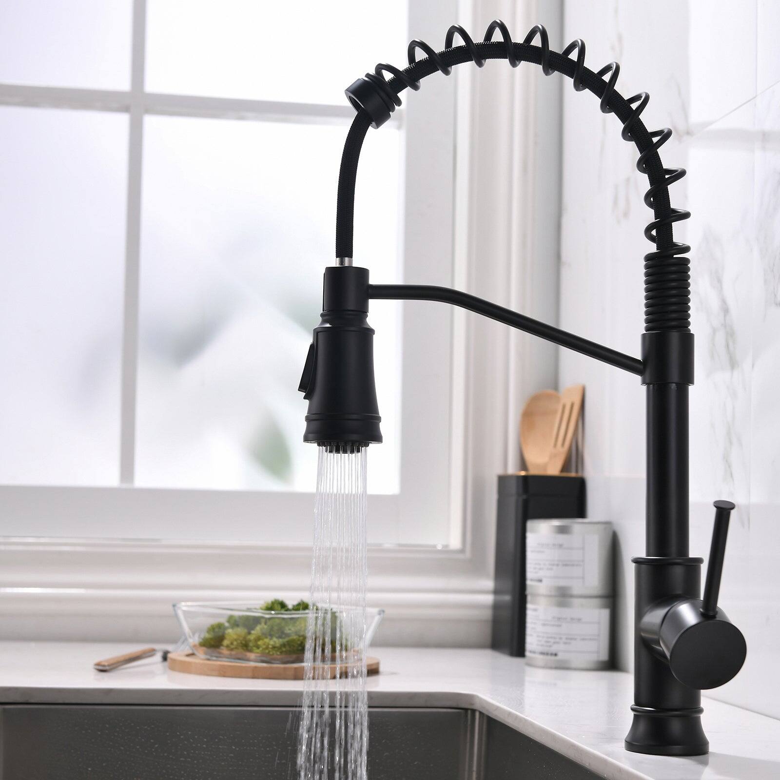 Alt View 4. Boyel Living - Matte Black Single Handle No Sensor Gooseneck Pull Down Sprayer Kitchen Faucet - Matte Black.