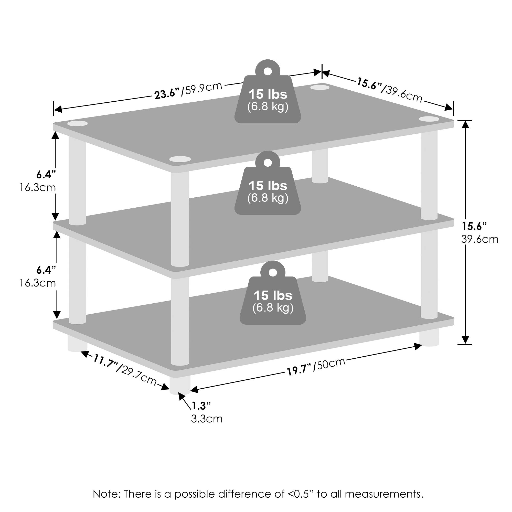 - Top shelf: 23.6" / 59.9cm (15 lbs / 6.8 kg)
- Middle shelf: 15.6" / 39.6cm (15 lbs / 6.8 kg)
- Bottom shelf: 11.7" / 29.7cm (15 lbs / 6.8 kg)
- Depth: 15.6" / 39.6cm
- Height between shelves: 6.4" / 16.3cm
- Overall height: 19.7" / 50cm
- Width: 19.7" / 50cm
- Note: There is a possible difference of <0.5" to all measurements.