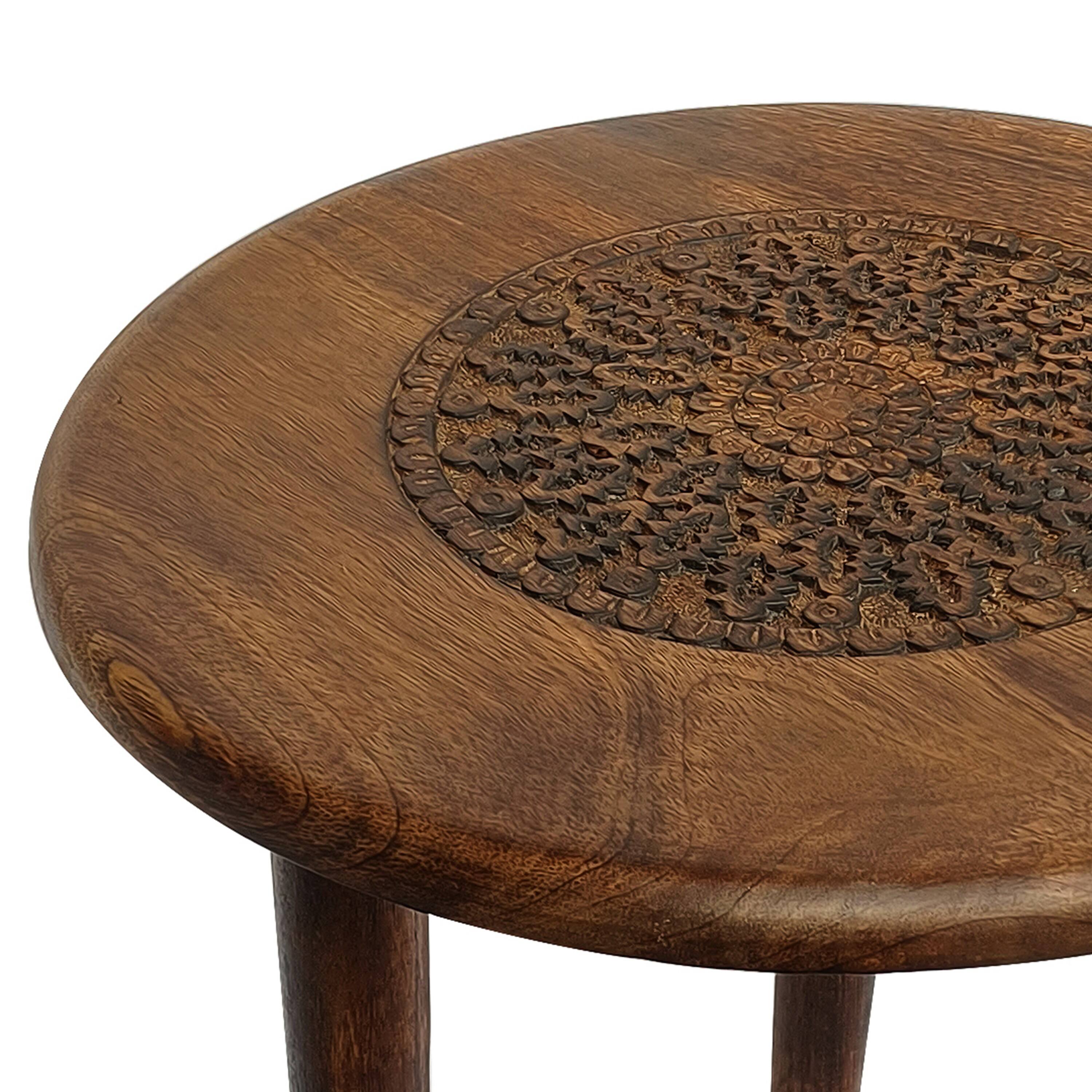Angle. Manhattan Lane - Ama 22 Inch Side End Table, Round Top, Indian Mandala Floral Carving, 3 Legs, Brown Mango Wood - Brown.
