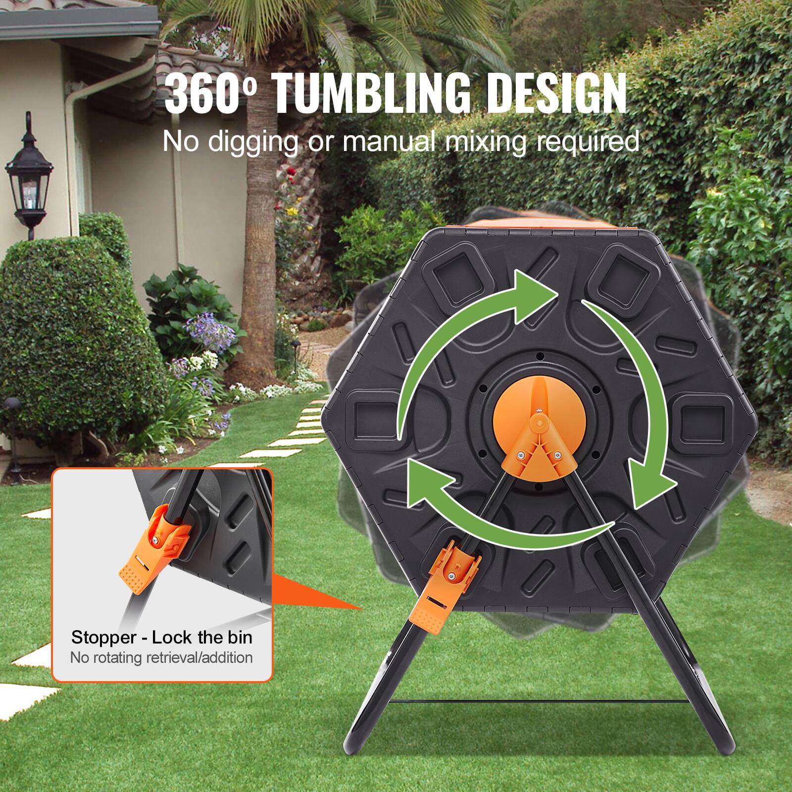 360° TUMBLING DESIGN
No digging or manual mixing required
Stopper - Lock the bin
No rotating retrieval/addition