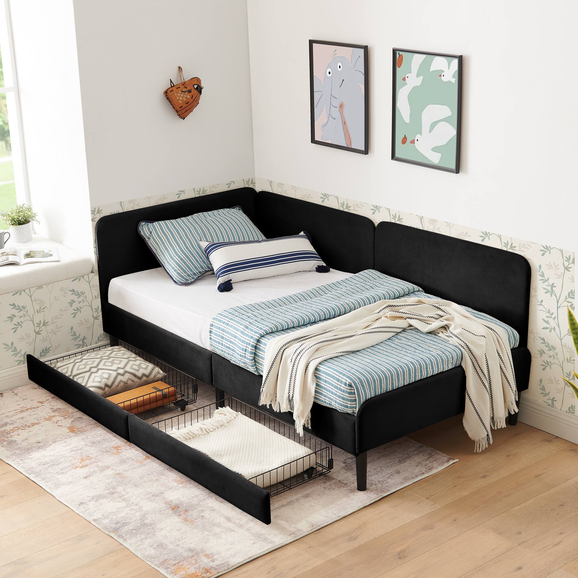 Front. APRILSOUL - Twin Size Upholstered Platform Bed Frame 2 Storage Drawers Adjustable Velvet Sofa Bed Black - Black.