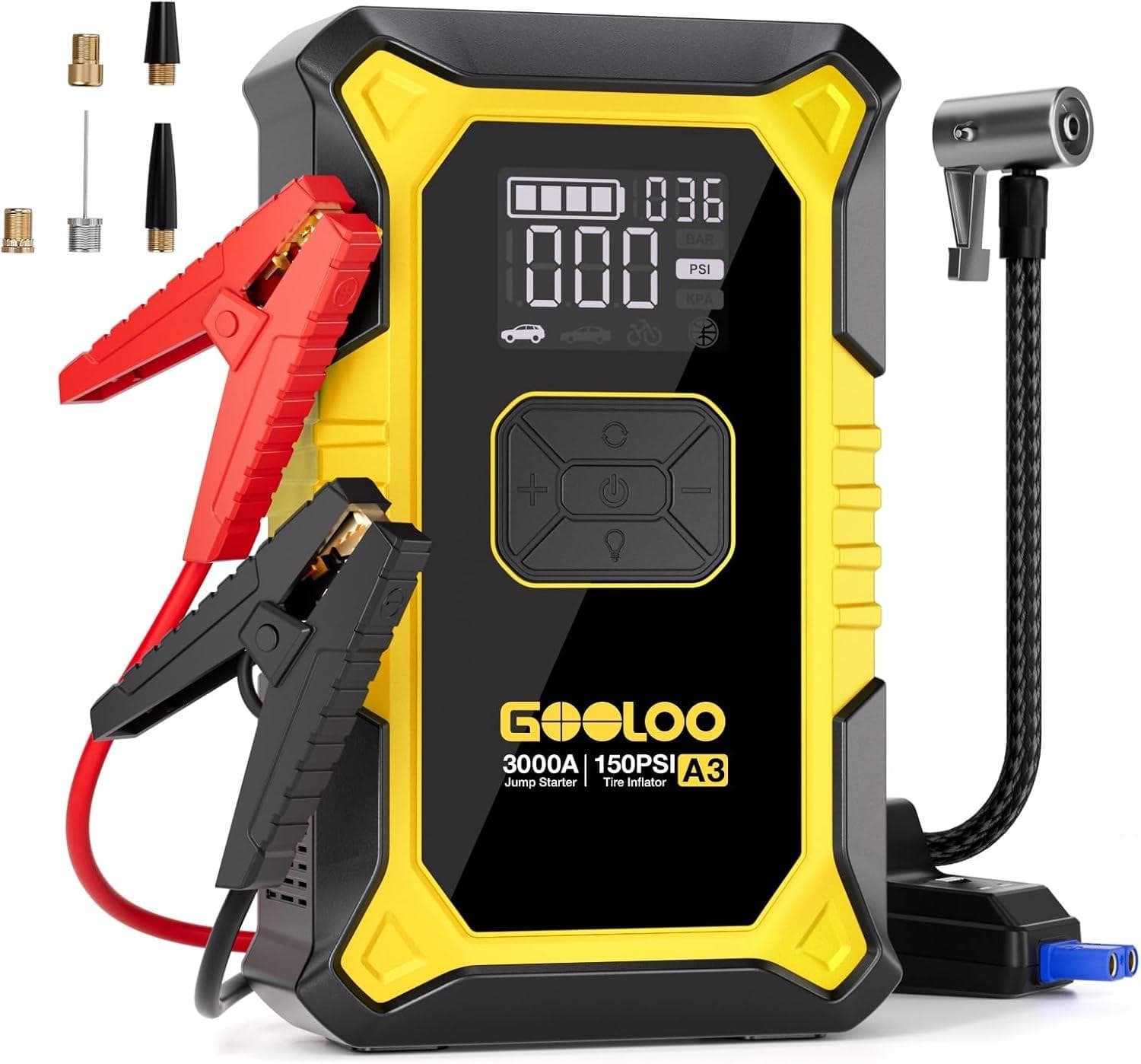 GOOLOO - A3 12V Jump Starter with Air Compressor, 3000A (9.0 Gas/6.5L Diesel), 150PSI Auto-Shutoff Tire Inflator in Yellow