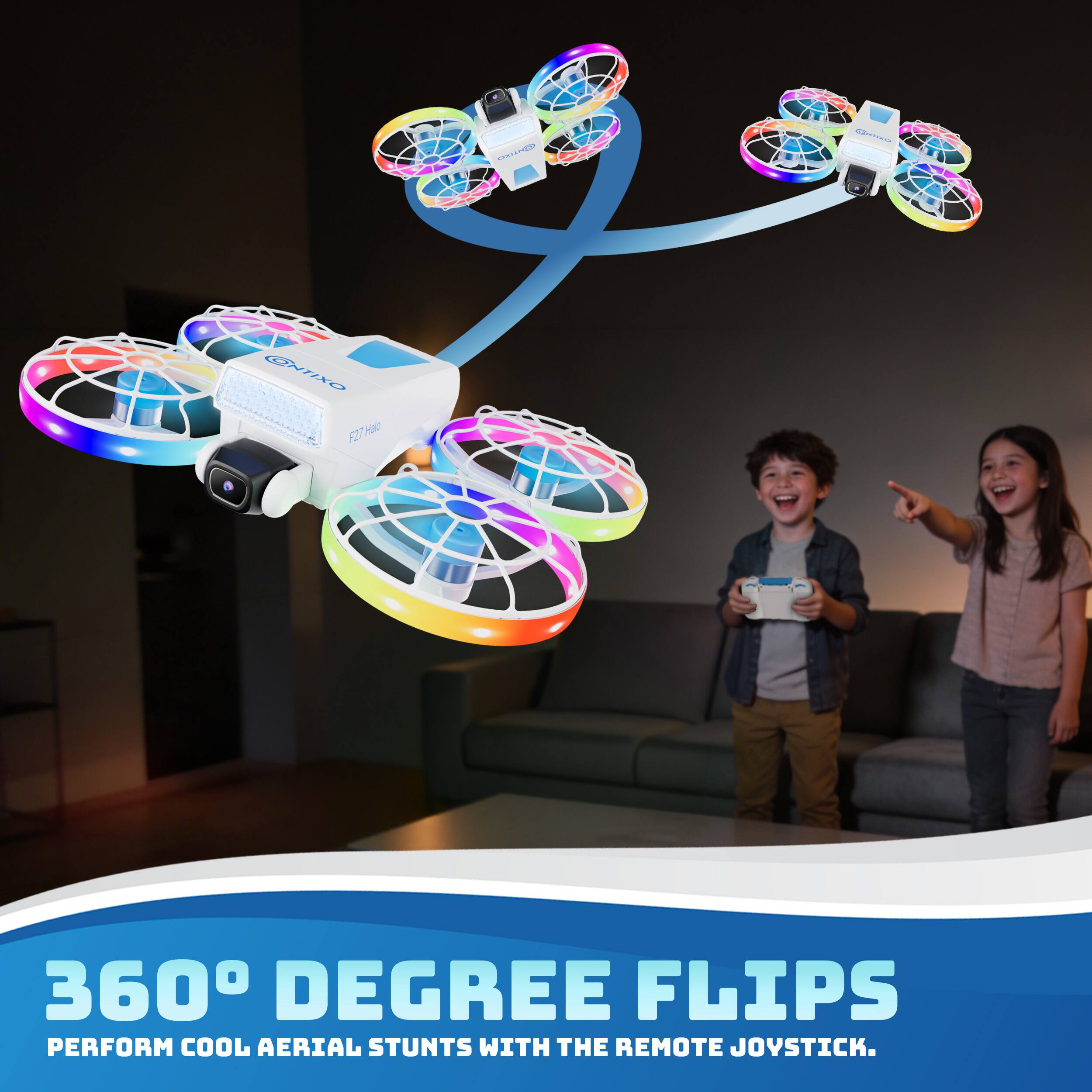 360° Degree Flips  
Perform cool aerial stunts with the remote joystick.