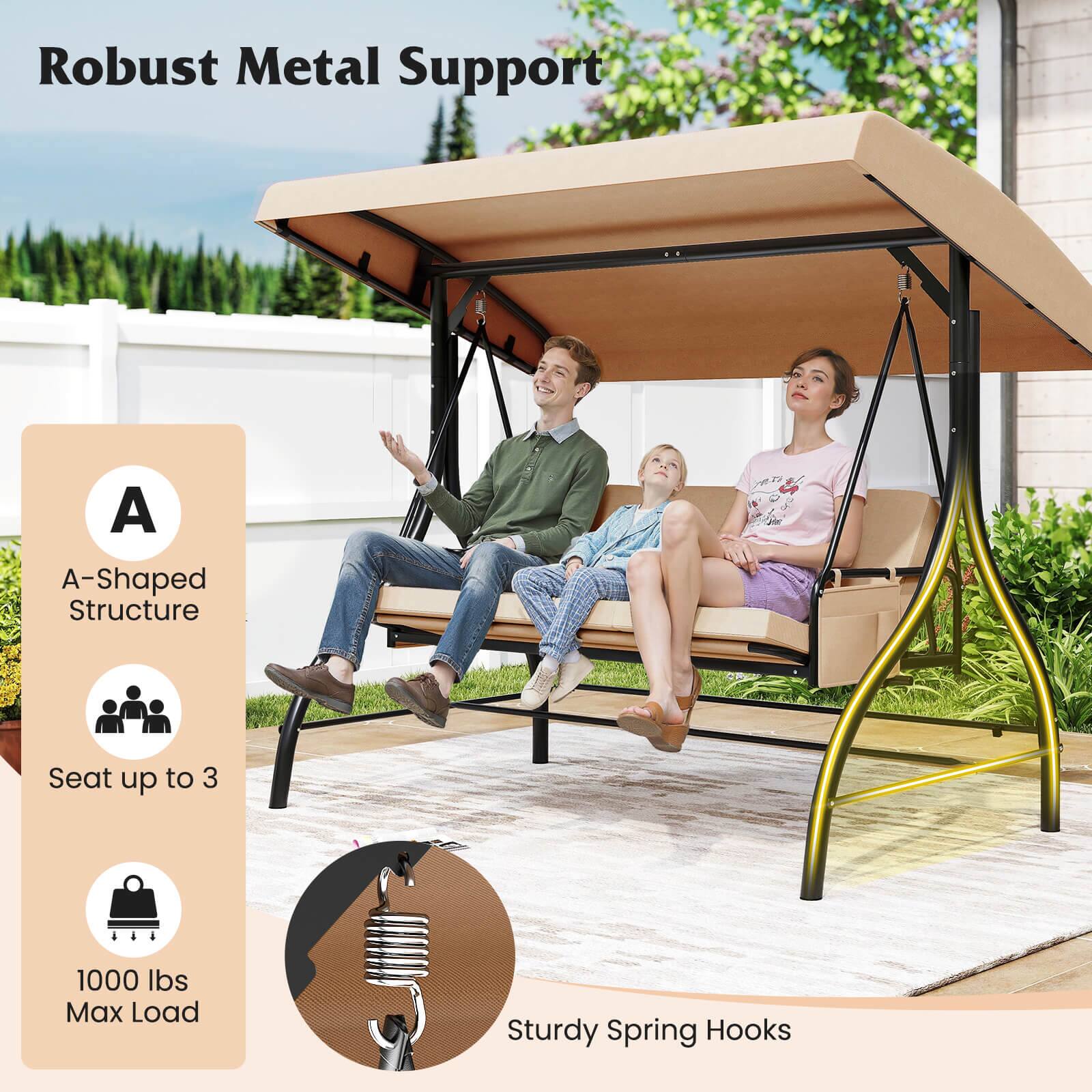 Robust Metal Support

A-Shaped Structure

Seat up to 3

1000 lbs Max Load

Sturdy Spring Hooks