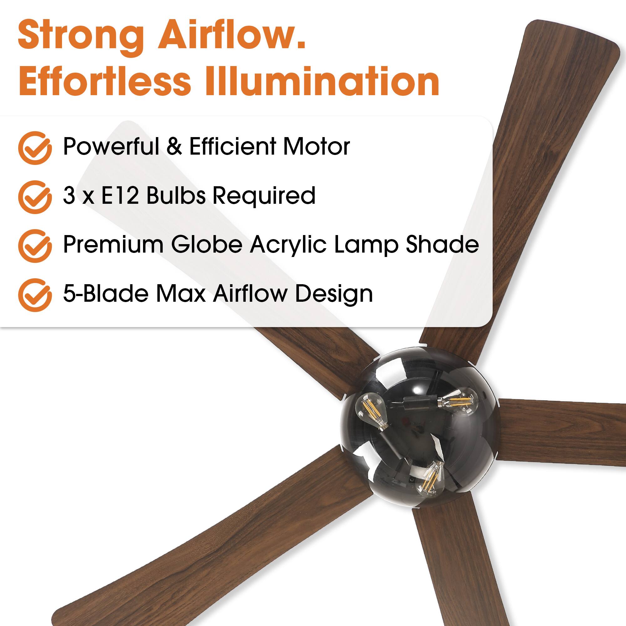 Strong Airflow. Effortless Illumination  
Powerful & Efficient Motor  
3 x E12 Bulbs Required  
Premium Globe Acrylic Lamp Shade  
5-Blade Max Airflow Design