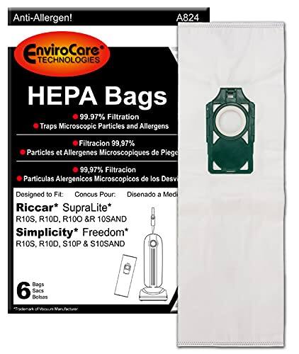 Anti-Allergen!  
EnviroCare Technologies HEPA Bags  
99.97% Filtration Traps Microscopic Particles and Allergens  
Filtración 99.97% Partículas y Alergénicos Microscópicos de Piega  
99.97% Filtración Partículas Alergénicos Microscópicos de los Desv  
Designed to Fit: Riccar* SupraLite* R10S, R10D, R100 & R10SAND  
Simplicity* Freedom* R10S, R10D, S10P & S10SAND  
6 Bags  
6 Sacs  
6 Bolsas