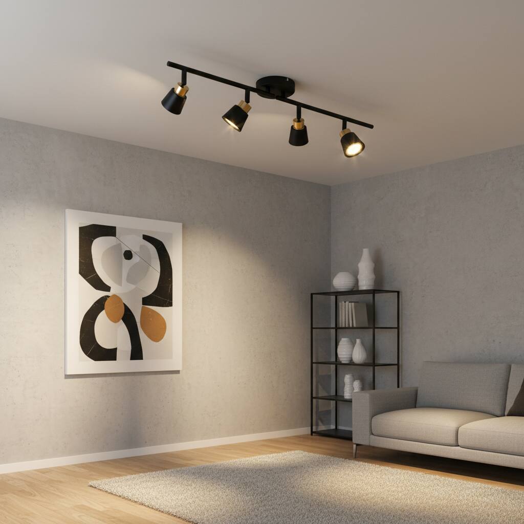 Alt View 2. Dazzed Corner - 4-Head LED Track Lighting, Black Vintage, Adjustable Spotlights - Black.