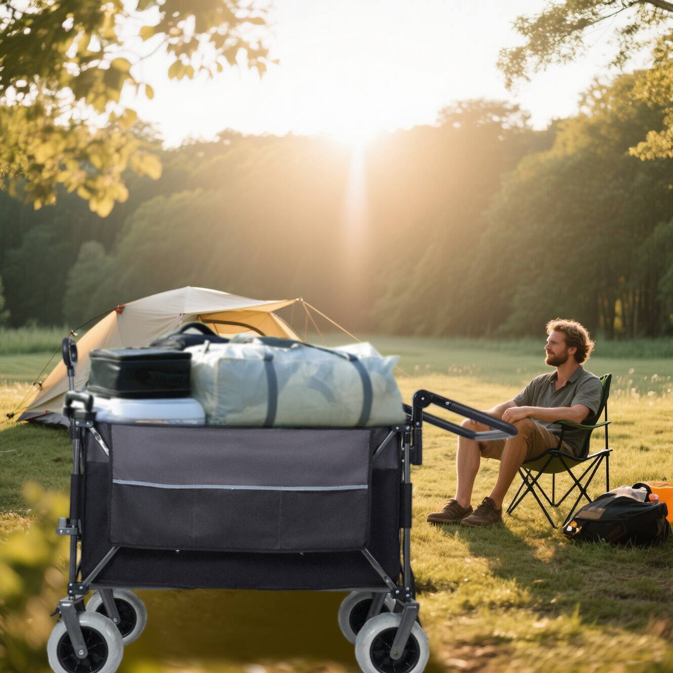 Alt View 1. Mondawe - 300L XL Push-Pull Folding Wagon Utility Carts w/ 9"x4" Beach Tires, 360° Wheels, Adjustable Handle for Camping/Beach - Black.