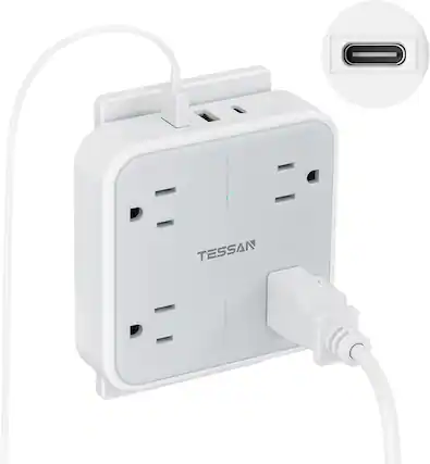 Front. Wikistore - Multi Plug Outlet Extender with Surge Protection 4 AC Outlets 3 USB Ports Wall Mount Design - White.