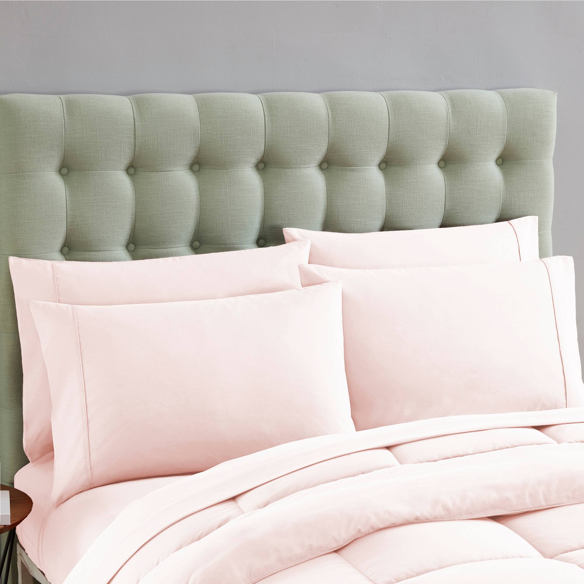 Angle. Sweet Home Collection - All Season Reversible Bed-in-A-Bag Solid Color Comforter & Sheet Set, Twin XL - Pale Pink.