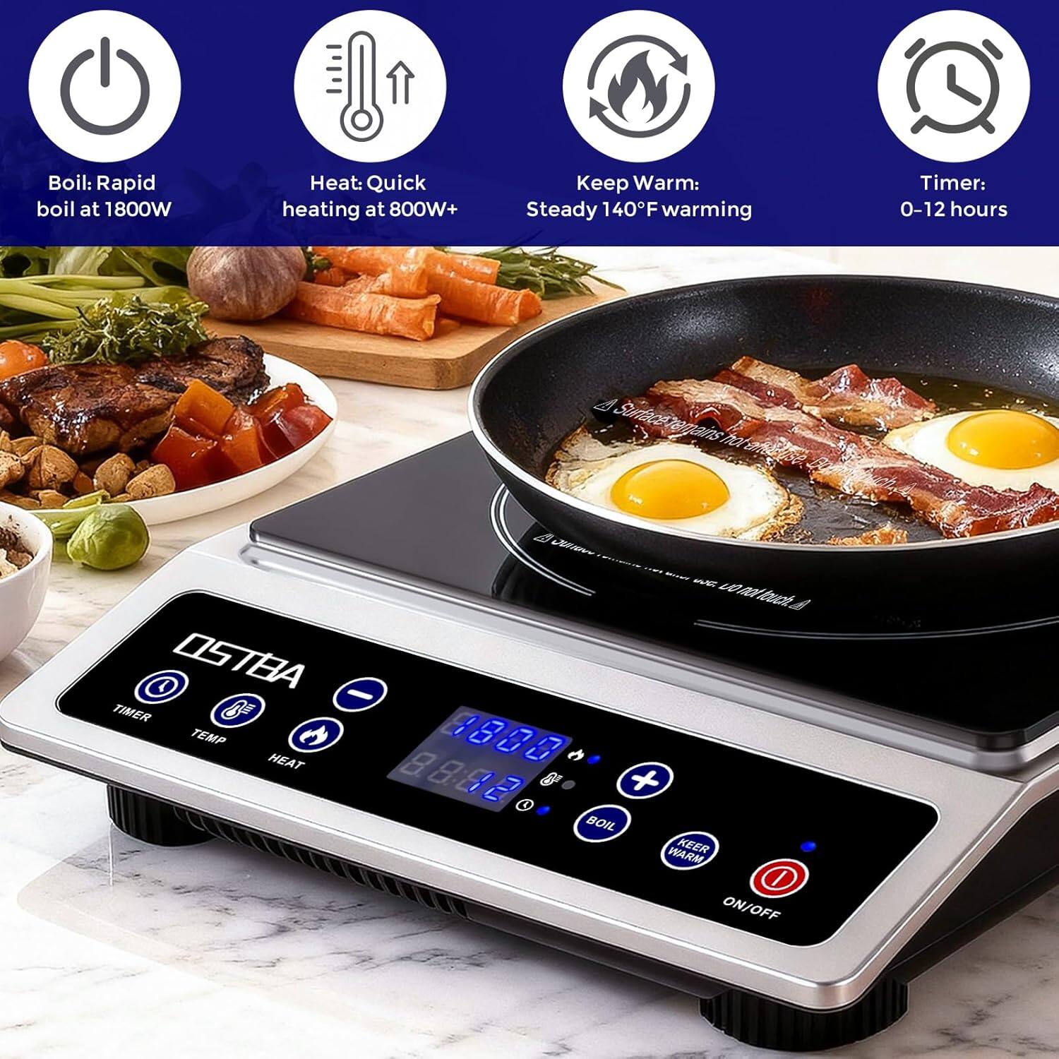 Boil: Rapid boil at 1800W  
Heat: Quick heating at 800W+  
Keep Warm: Steady 140°F warming  
Timer: 0-12 hours  

Surtca ho D OSTBA TIMER B TEMP e HEAT / a LI LI a 8 B C A + C BOIL KEER WARM ON/OFF