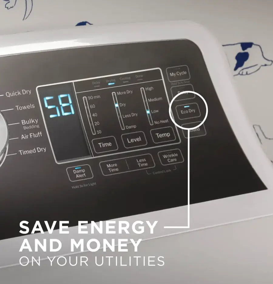 The text on the image is grouped and corrected as follows:

1. Save Energy and Money on Your Utilities
2. Quick Dry
3. More Dry
4. 90 min
5. Medium
6. Towels
7. 58
8. 60
9. Dry
10. Low
11. Eco Dry
12. 40
13. Less Dry
14. Bulky
15. 20
16. No Heat
17. Bedding
18. Damp
19. Round
20. 10
21. Air Fluff
22. Temp Level
23. Time
24. Timed Dry
25. Wrinkle Less
26. Care
27. More Time
28. Damp Time
29. Control
30. Lock
31. Alert
32. 3s for Light Hold
33. IL SAVE ENERGY AND MONEY ON YOUR UTILITIES