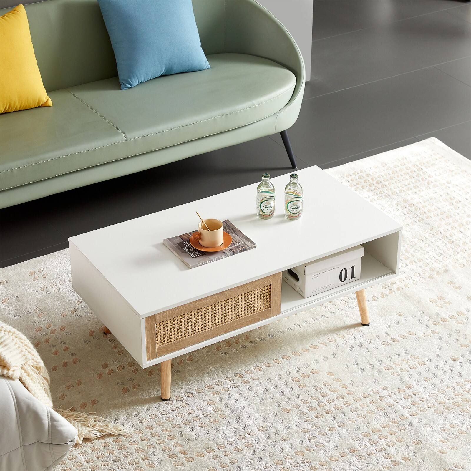 Alt View 4. Ecooso - 41.34" Rattan Coffee table, sliding door for storage, solid wood legs, Modern table  for living room - White.