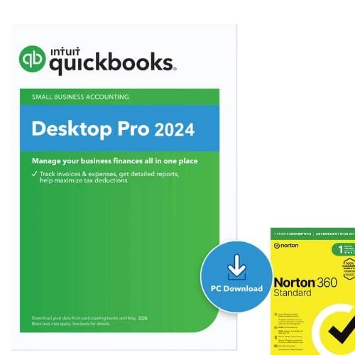 Sure, here is the corrected and grouped text:
---
**Intuit QuickBooks**
**SMALL BUSINESS ACCOUNTING**
**Desktop Pro 2024**
Manage your business finances all in one place
- Track invoices & expenses, get detailed reports, help maximize tax deductions
**PC Download**
Download your data from participating banks
Bank fees may apply
See back for details
May 2026
---
**Norton 360**
**Standard**
1st year free
Norton 360 PC Download
Standard
---
**VYAR PUE**
