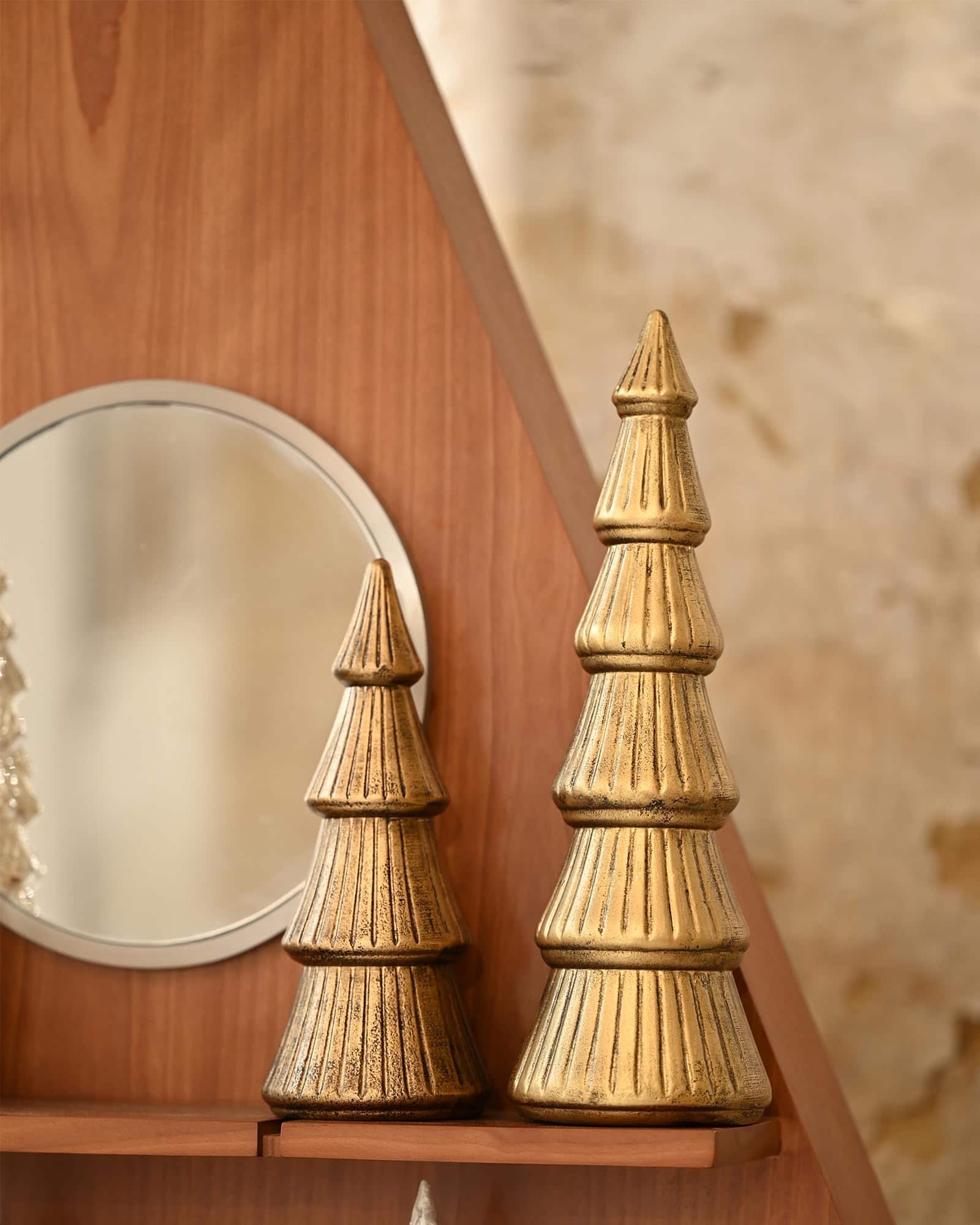 Refined Abode Design - Christmas Tree Figurine Wooden Figurines Decorative Tabletop Small Glittered Golden Xmas Trees Mantle Indoor - Gold