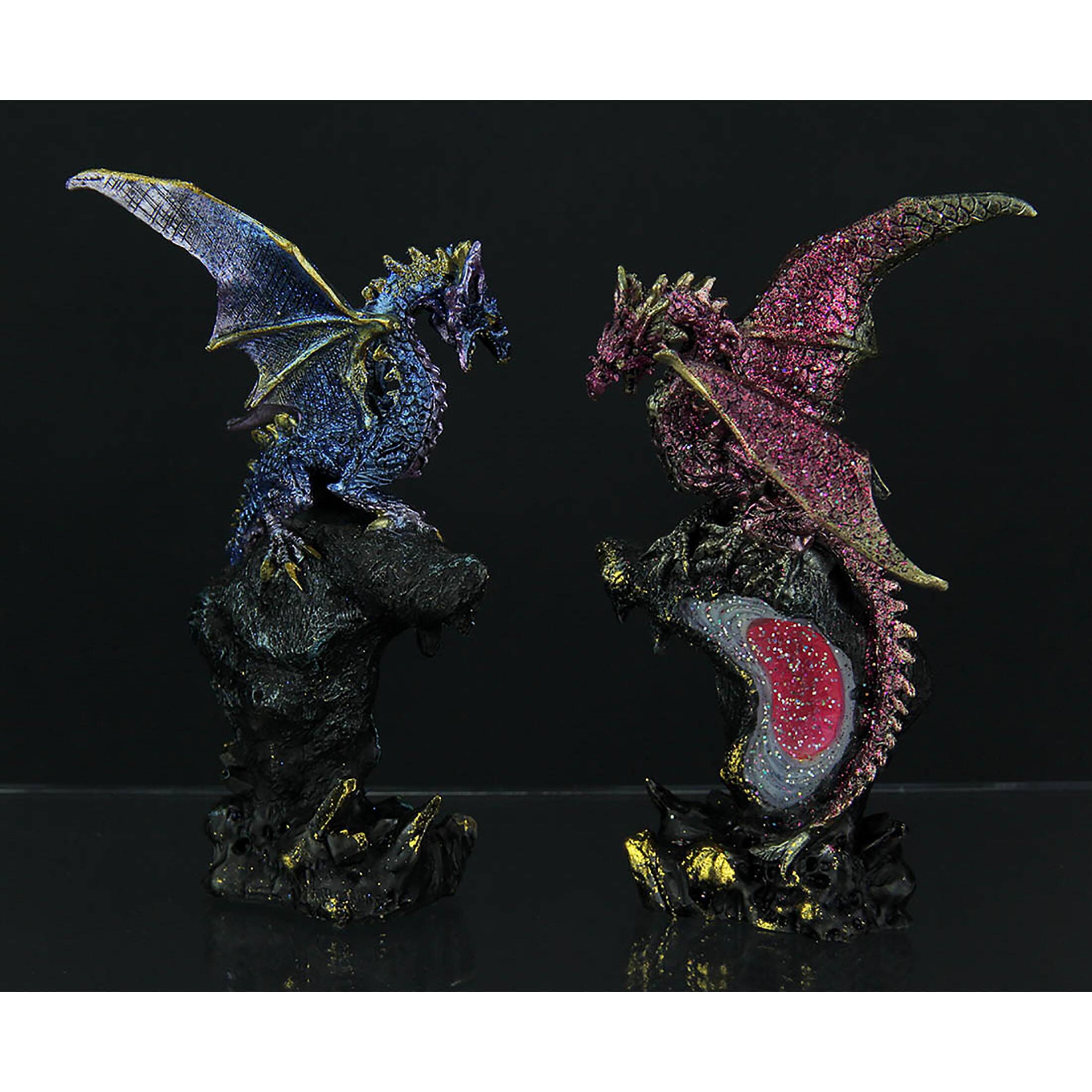 Alt View 1. Zeckos - Dueling Dragons 4 Piece Dragon On Geode Figurine Set - Blue.