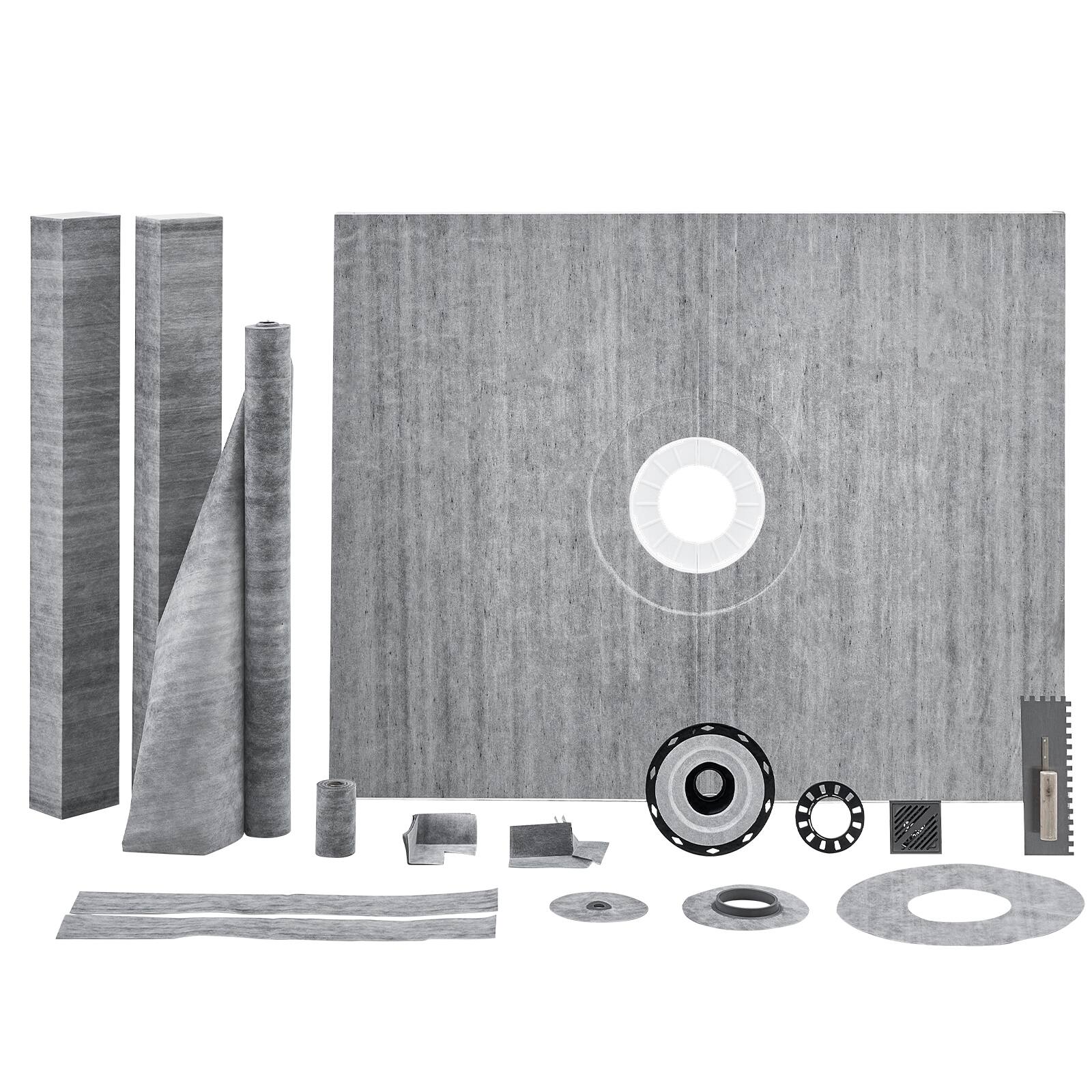 Front. VEVOR - Shower Curb Kit, 60"x48" Shower Pan Kit with 2" ABS Central Flange, Waterproof Membrane - Gray.