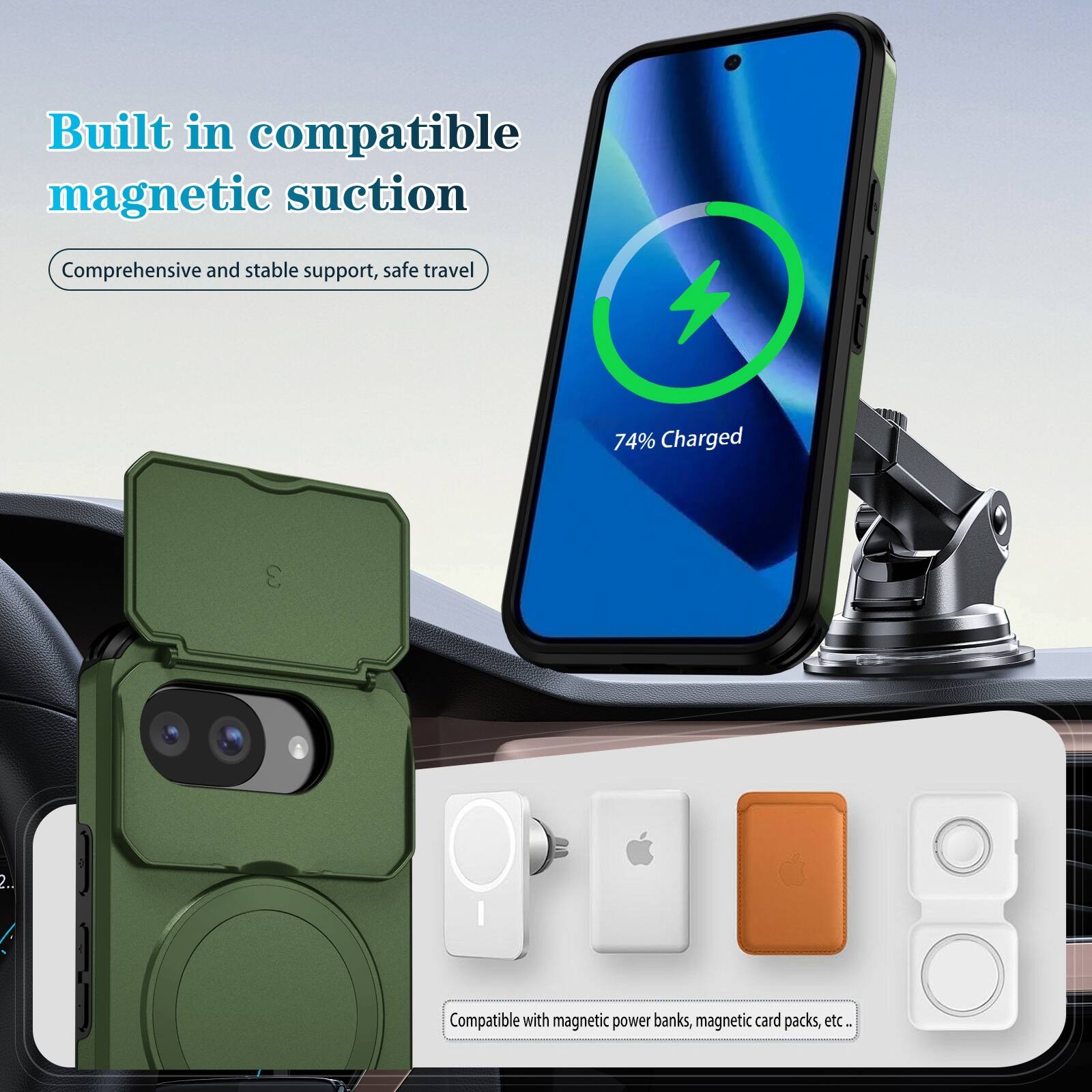 Built in compatible magnetic suction  
Comprehensive and stable support, safe travel  
74% Charged  
Compatible with magnetic power banks, magnetic card packs, etc.