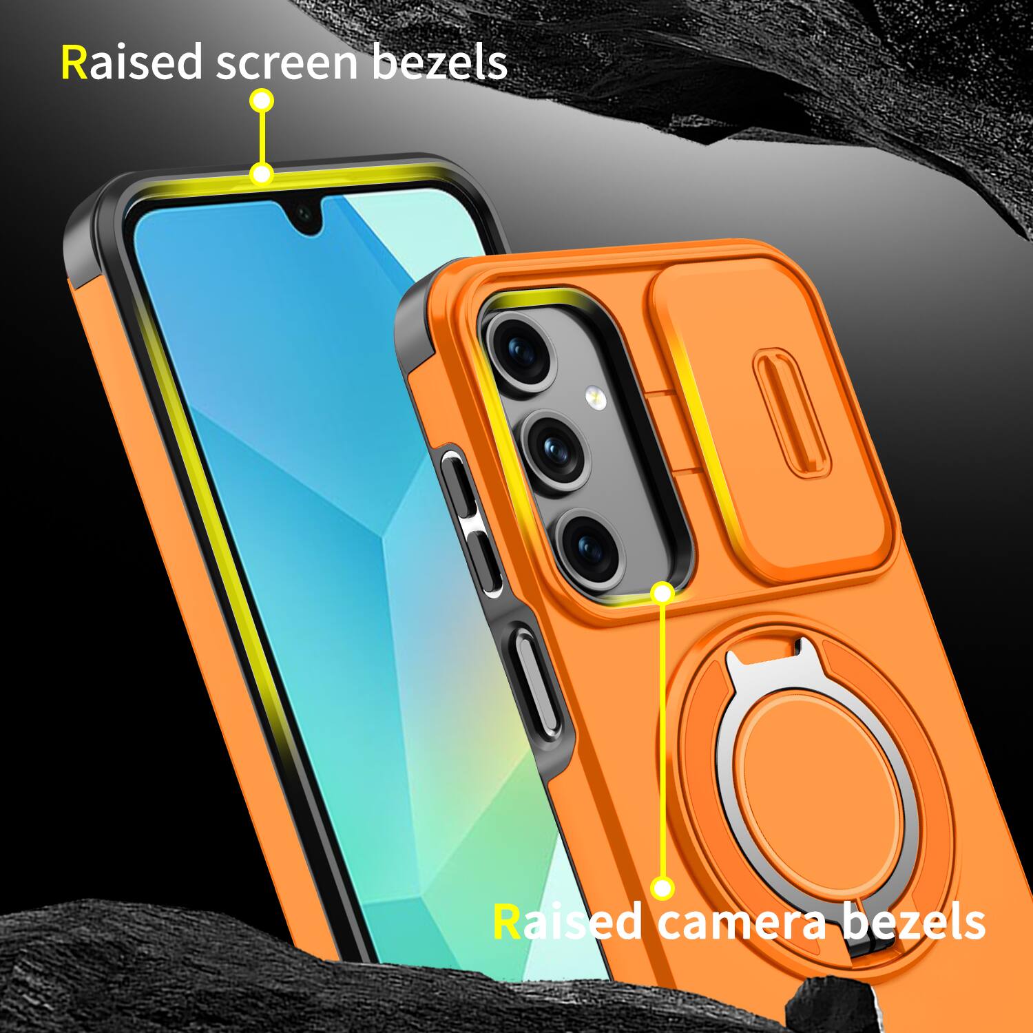 Raised screen bezels  
Raised camera bezels