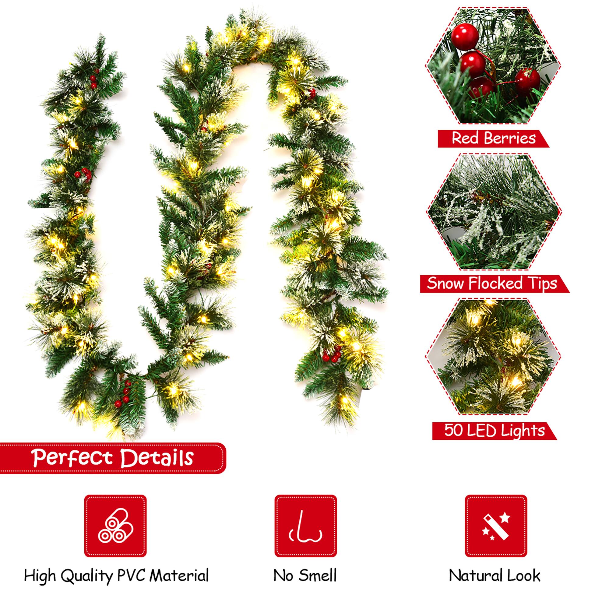The text on the image can be grouped and corrected as follows:
1. Red Berries: This refers to the red berries displayed in the image.
2. Snow Flocked Tips: This refers to the snow-flocked tips displayed in the image.
3. Perfect Details: This refers to the perfect details of the garland displayed in the image.
4. 50 LED Lights: This refers to the 50 LED lights used in the garland.
5. High Quality PVC Material: This refers to the high-quality PVC material used in the garland.
6. No Smell: This refers to the absence of any unpleasant smell in the garland.
7. Natural Look: This refers to the natural look of the garland.