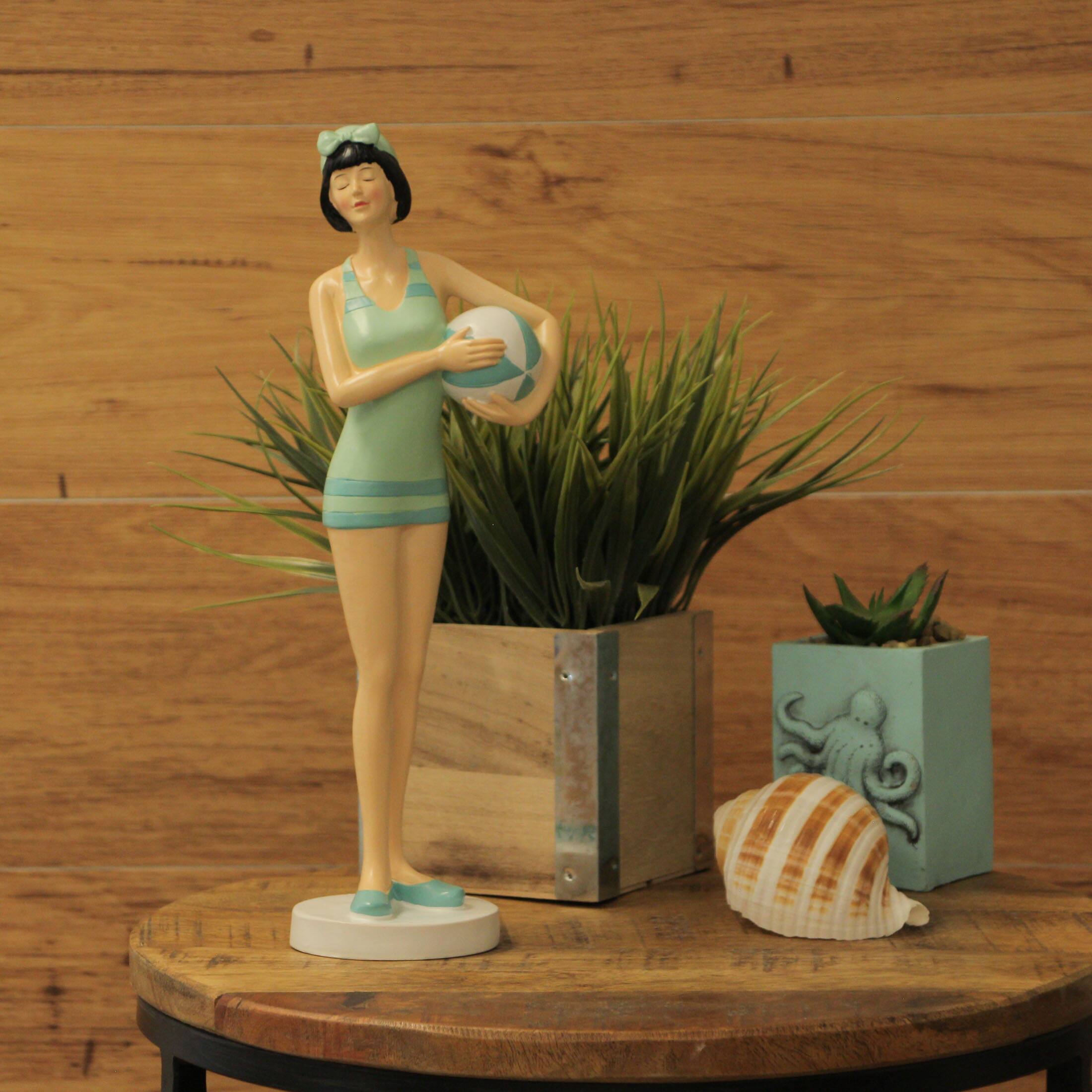 Alt View 3. Fancy That - Brunette Bathing Beauty Figurine – Hand-Painted Striped Swimsuit, Coastal Charm - Multicolored.