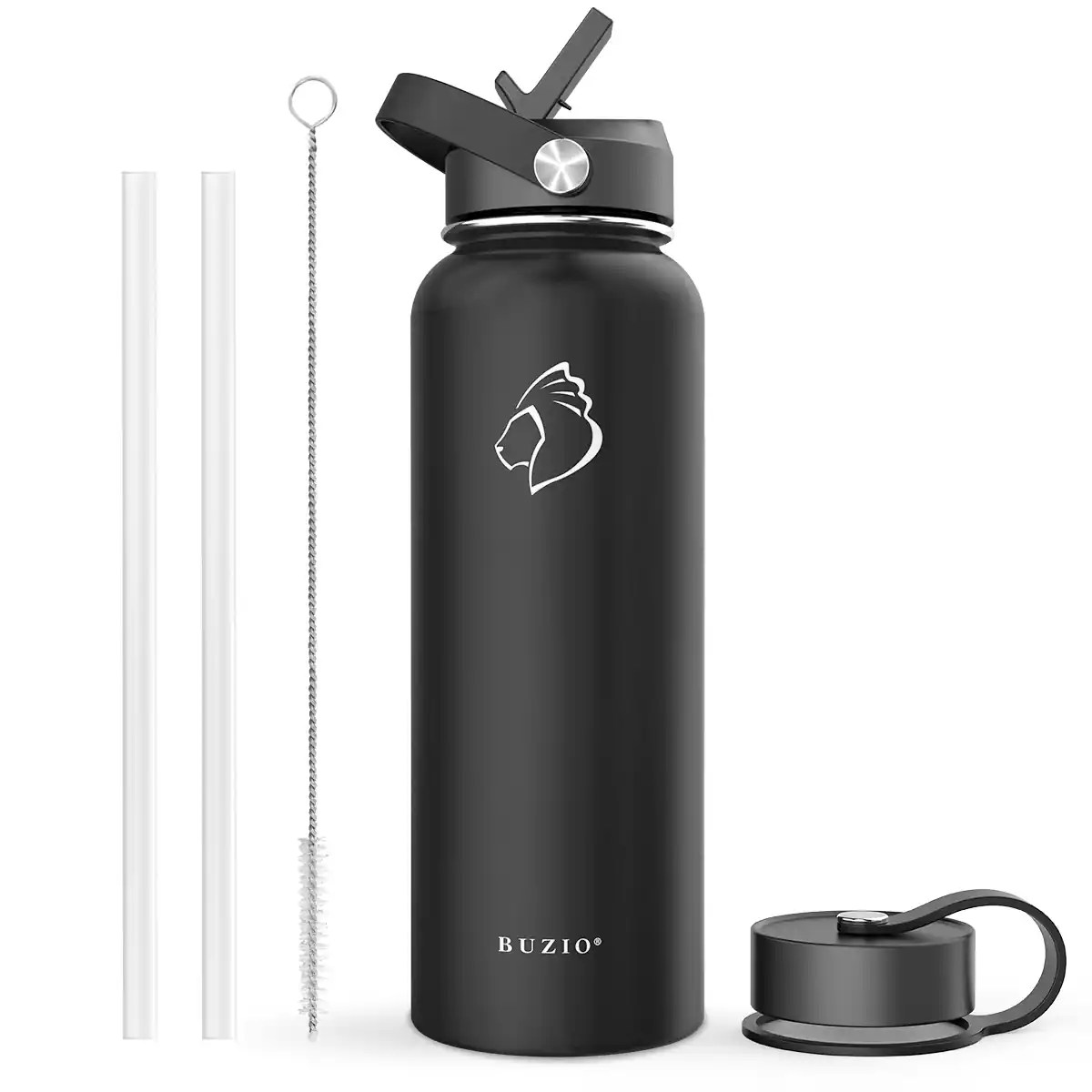 Buzio - Duet Series Insulated 40 oz Water Bottle with Straw Lid and Flex Lid - Black