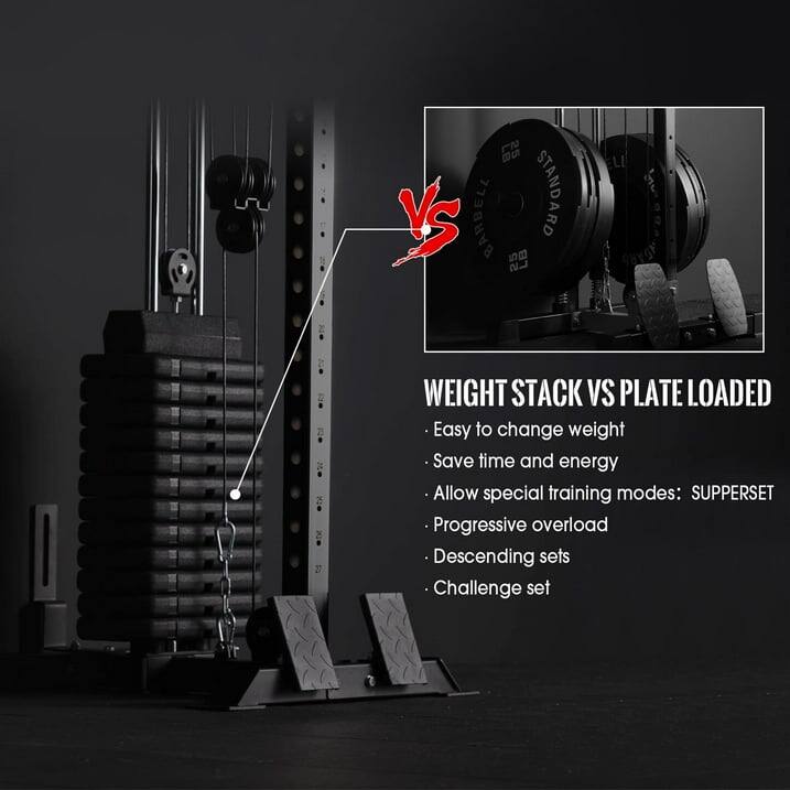VS BARBELL STANDARD

WEIGHT STACK VS PLATE LOADED

Easy to change weight
Save time and energy
Allow special training modes: SUPPERSET
Progressive overload
Descending sets
Challenge set
