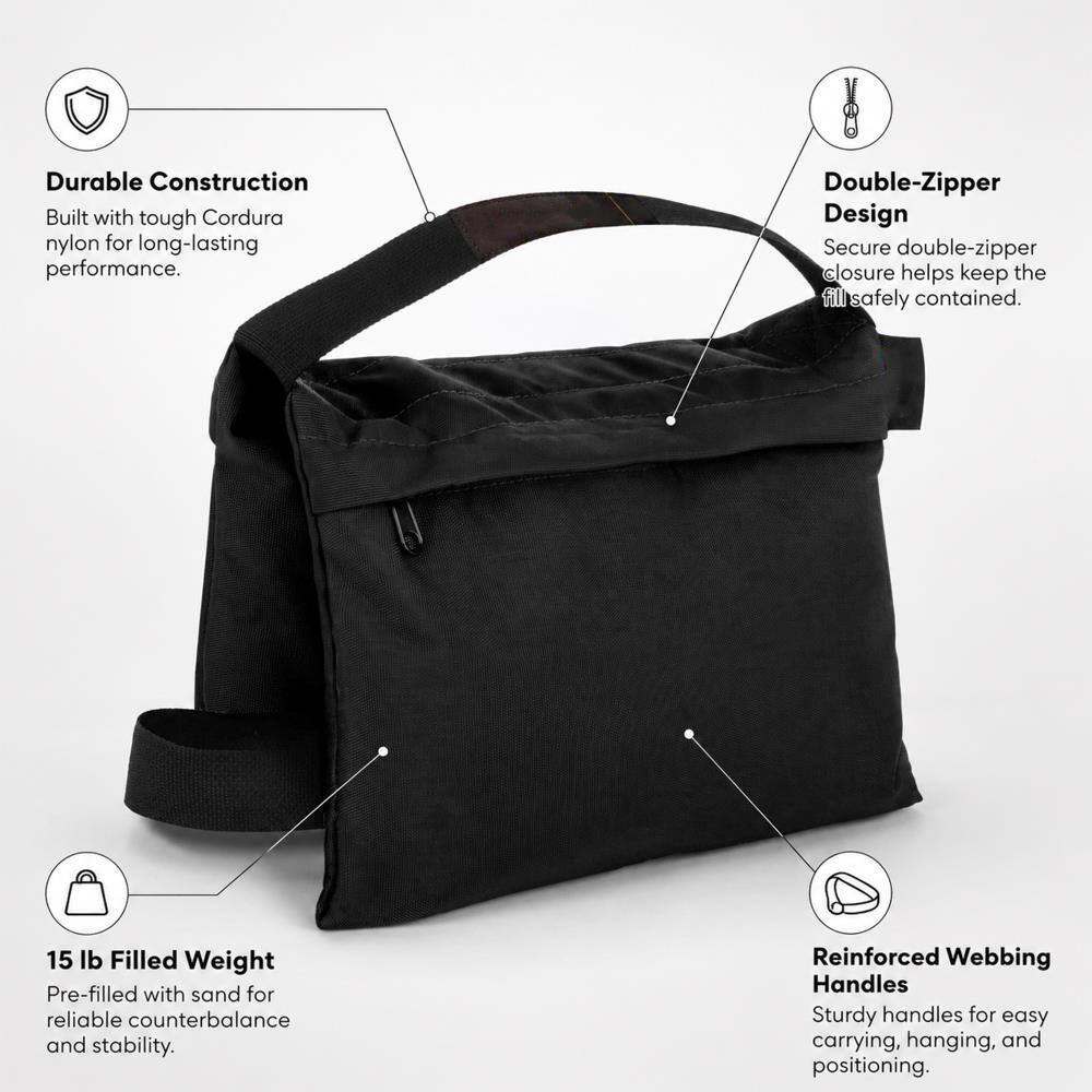 Durable Construction  
Built with tough Cordura nylon for long-lasting performance.

Double-Zipper Design  
Secure double-zipper closure helps keep the fill safely contained.

15 lb Filled Weight  
Pre-filled with sand for reliable counterbalance and stability.

Reinforced Webbing Handles  
Sturdy handles for easy carrying, hanging, and positioning.