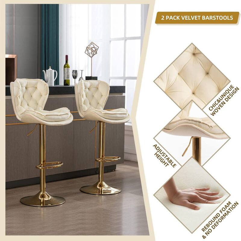 2 PACK VELVET BARSTOOLS  
CHIC&UNIQUE DESIGN  
WOVEN  
ADJUSTABLE HEIGHT  
REBOUND FOAM  
& NO DEFORMATION