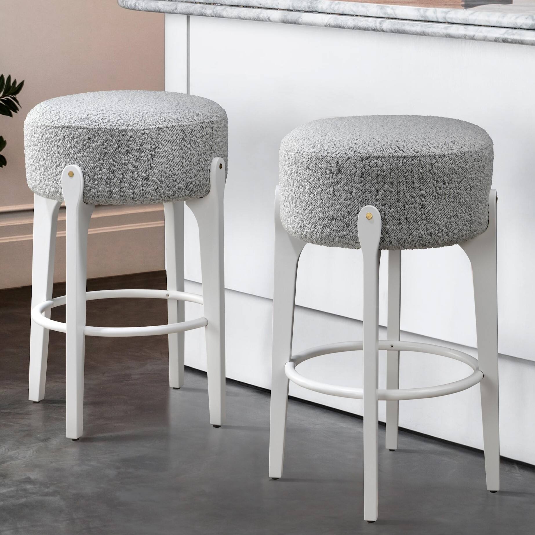 Angle. LuXeo - Ellie 29 in. White Backless Wood Bar Stool with Gray Boucle Fabric Seat (Set of 2) - White/Gray.