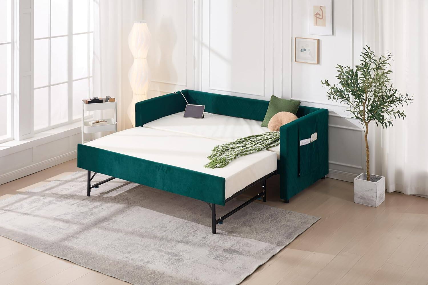 Alt View 2. Trinkets Crazed - Twin Daybed with Pop Up Trundle, Velvet Upholstered Extendable Daybed with USB Ports & Pockets - green.