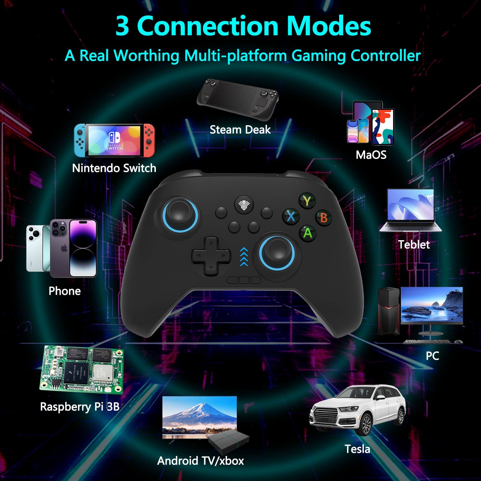 3 Connection Modes  
A Real Worth Multi-platform Gaming Controller  

- Nintendo Switch  
- Steam Deck  
- MaOS  
- Tablet  
- Phone  
- PC  
- Raspberry Pi 3B  
- Android TV/xbox  
- Tesla