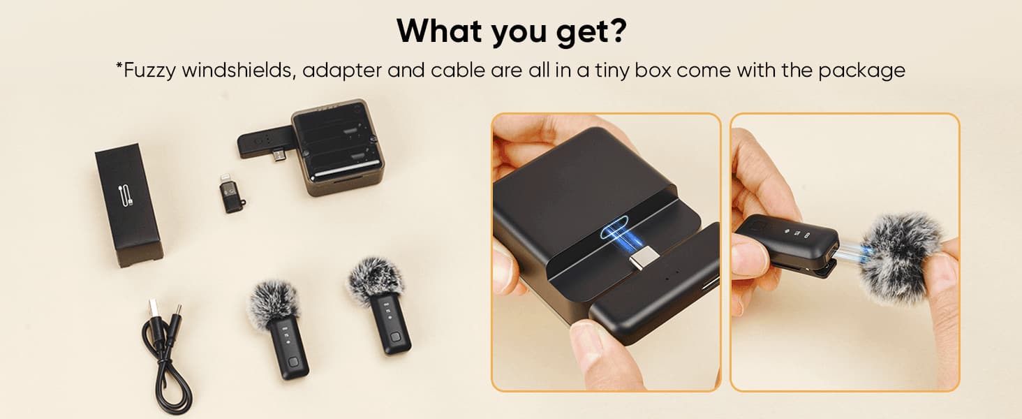 What you get? *Fuzzy windshields, adapter and cable are all in a tiny box come with the package.