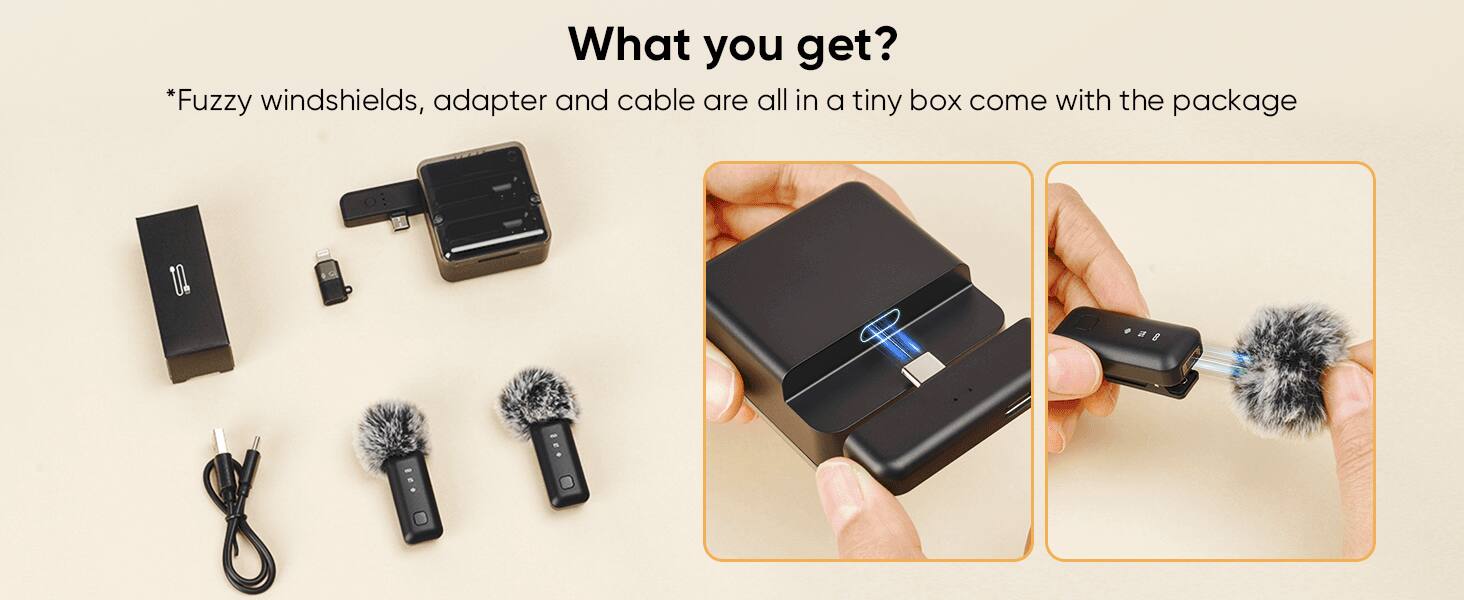 What you get? *Fuzzy windshields, adapter and cable are all in a tiny box come with the package.