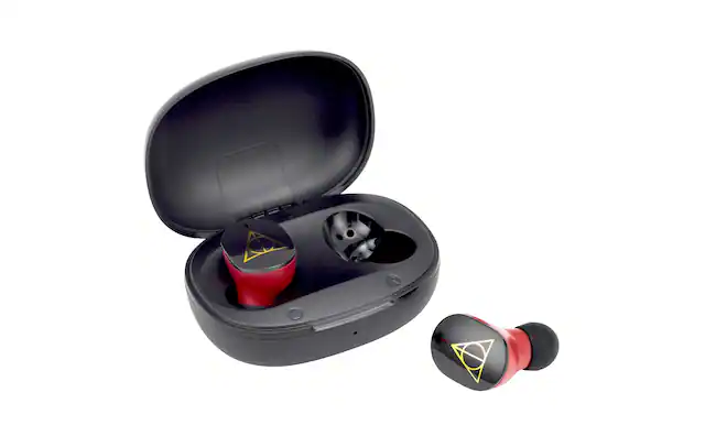 Front. eKids - eKids Harry Potter Wireless Earbuds for Kids, Bluetooth Earbuds with Charging Case - Black.
