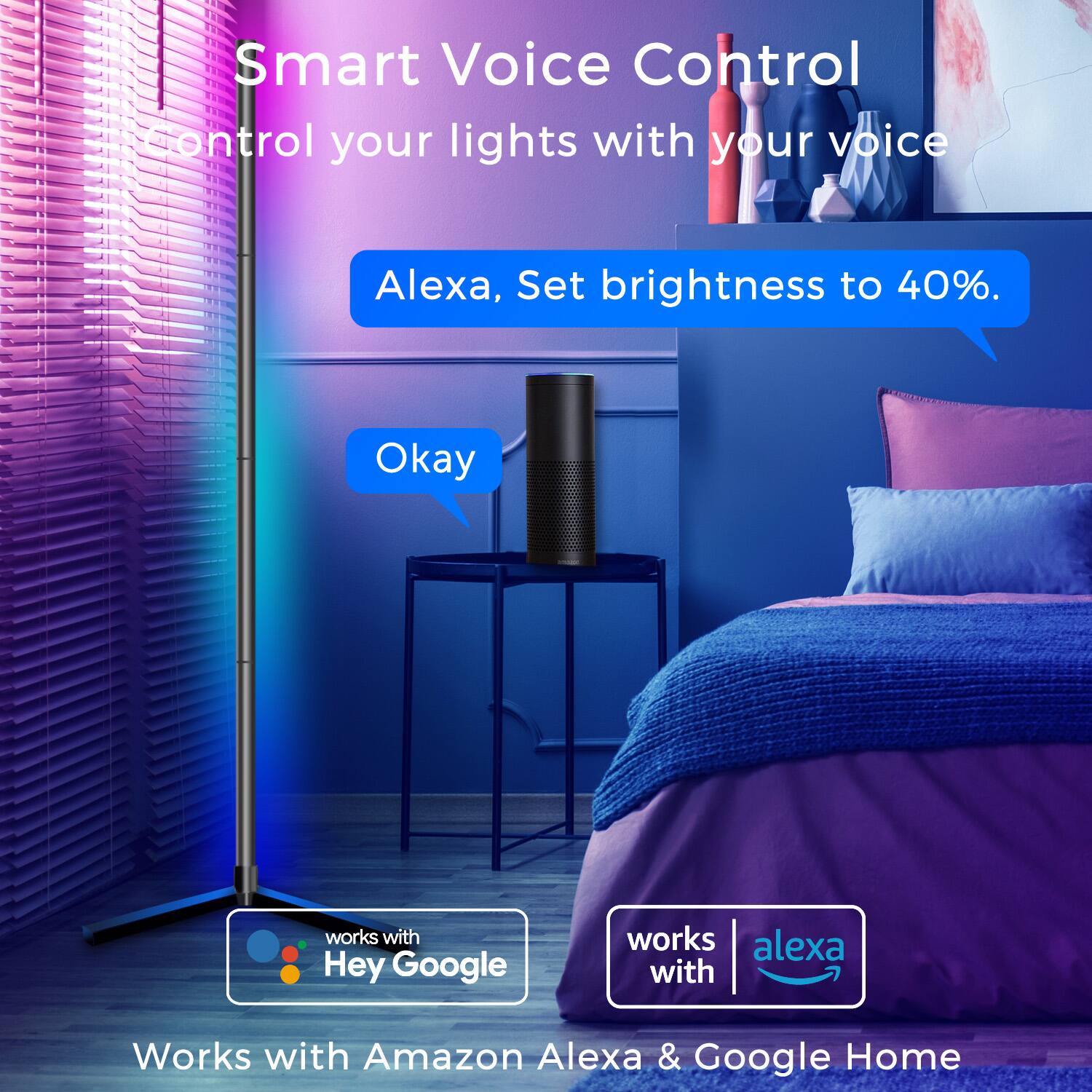 Smart Voice Control, Control your lights with your voice, Alexa, Set brightness to 40%, Okay, Works with Hey Google, Works with Amazon Alexa & Google Home
