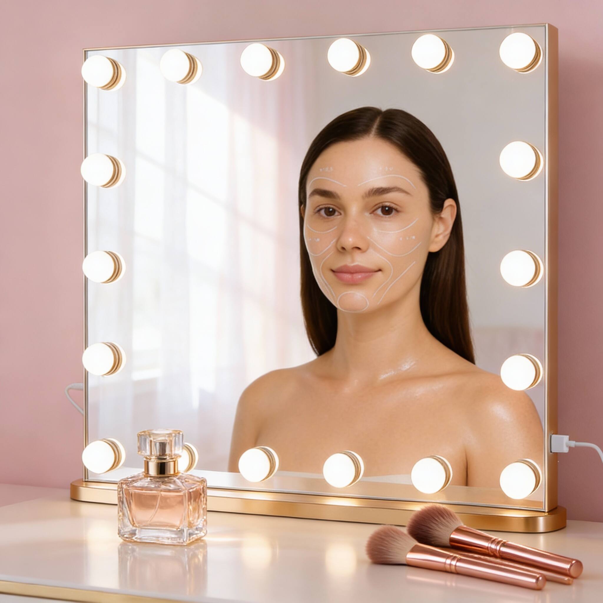 Left. PO3TICJUNKI3 - 23.6" Lighted Vanity Mirror, 18 LED Bulbs, 3 Color Modes, USB Port, Wall/Table Mount - Gold 23.6"L x 20.5"W.