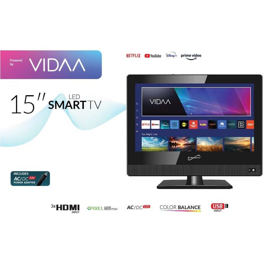 Powered by VIDAA NETFLIX 4 YouTube Disney prime video LED 15" SMART TV VIDAA NETTLIE

- Includes AC/DC 12V POWER ADAPTER
- 3x HDMI INPUT
- PIXEL REDUCTION
- AC/DC COLOR BALANCE
- USB INPUT