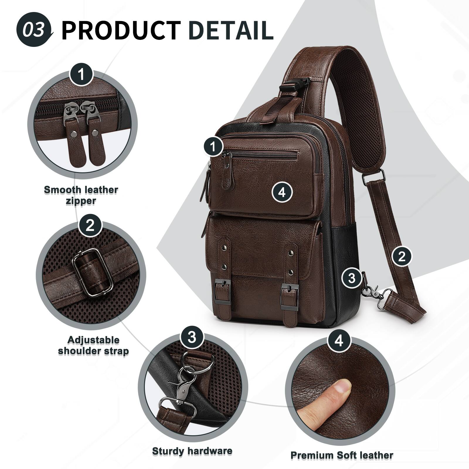 03 PRODUCT DETAIL

1. Smooth leather zipper
2. Adjustable shoulder strap
3. Sturdy hardware
4. Premium Soft leather
