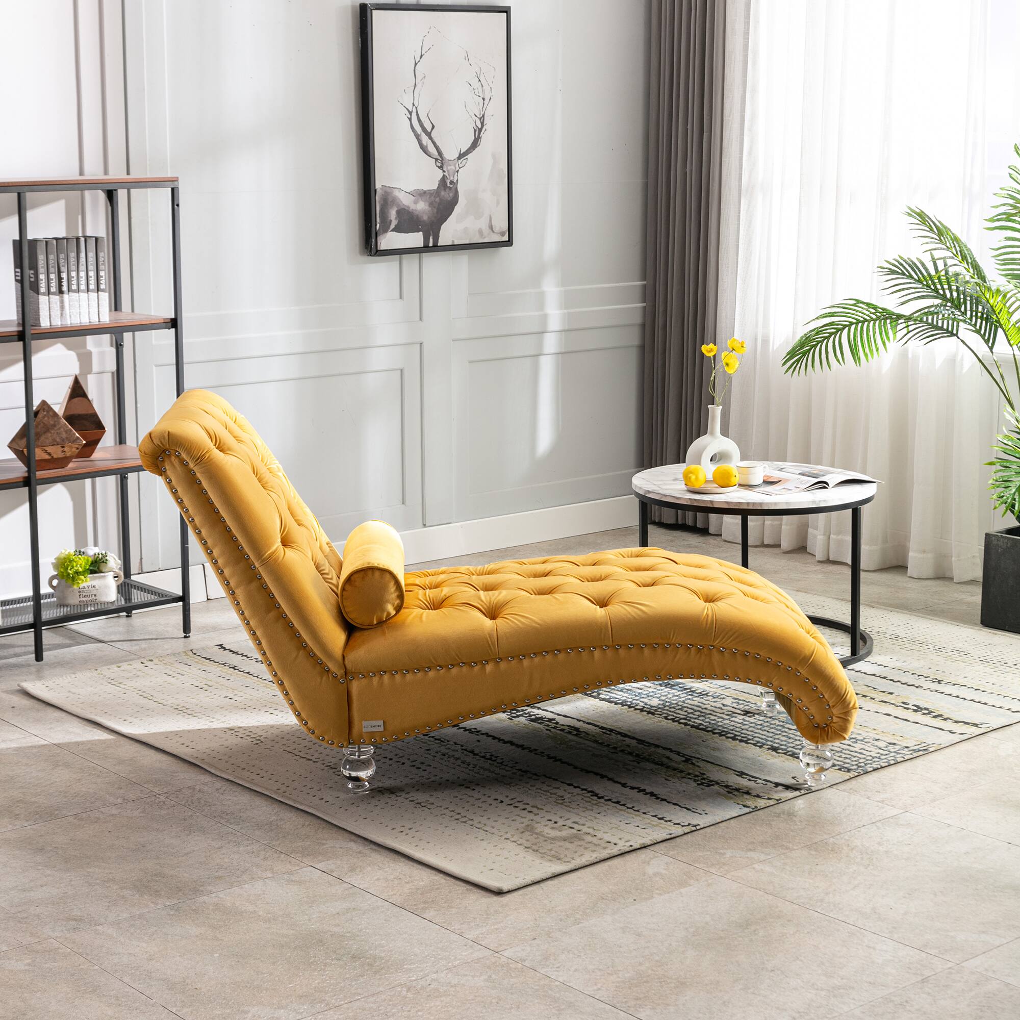 Left. Trinkets Crazed - Velvet Indoor Chaise Lounge Chair with Toss Pillow, Upholstered Modern Tufted Button Lounge Chair with Acrylic Legs - Mustard.