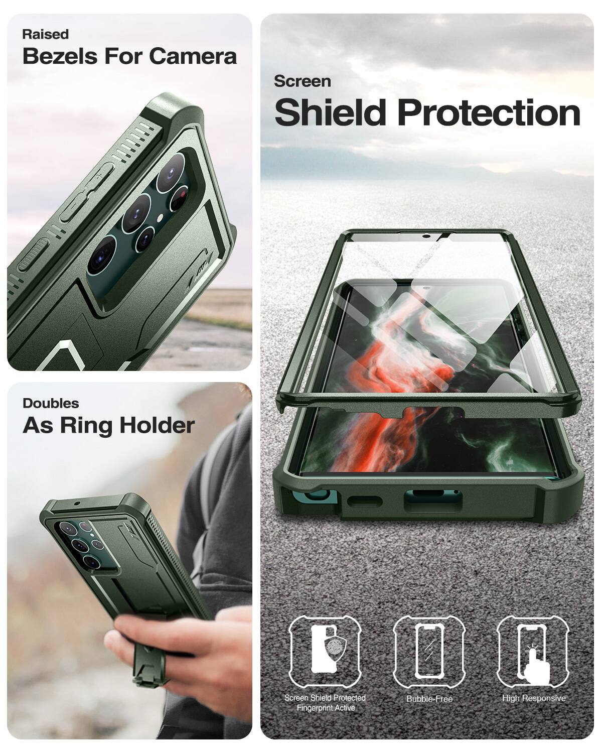 Raised Bezels For Camera, Screen Shield Protection, Doubles As Ring Holder, Screen Shield Protected, Fingerprint Active, Bubble-Free, High Responsive