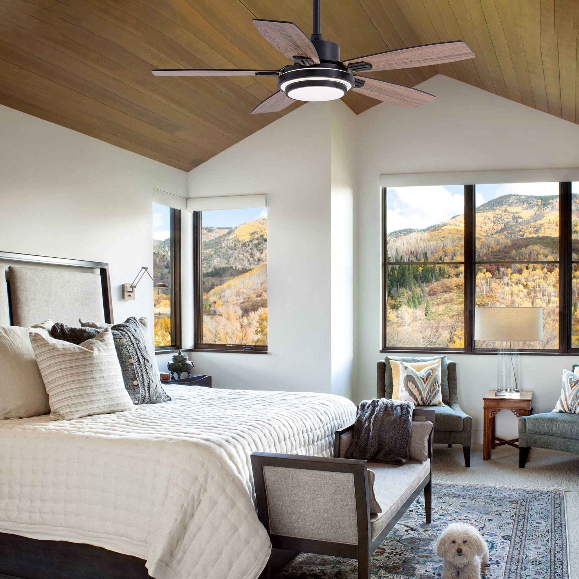 Back. Siljoy - 42-in Black Ceiling Fan with LED Light, Dual Sided Reversible Blades in Black and Oak, Comes with Remote Control - Black.
