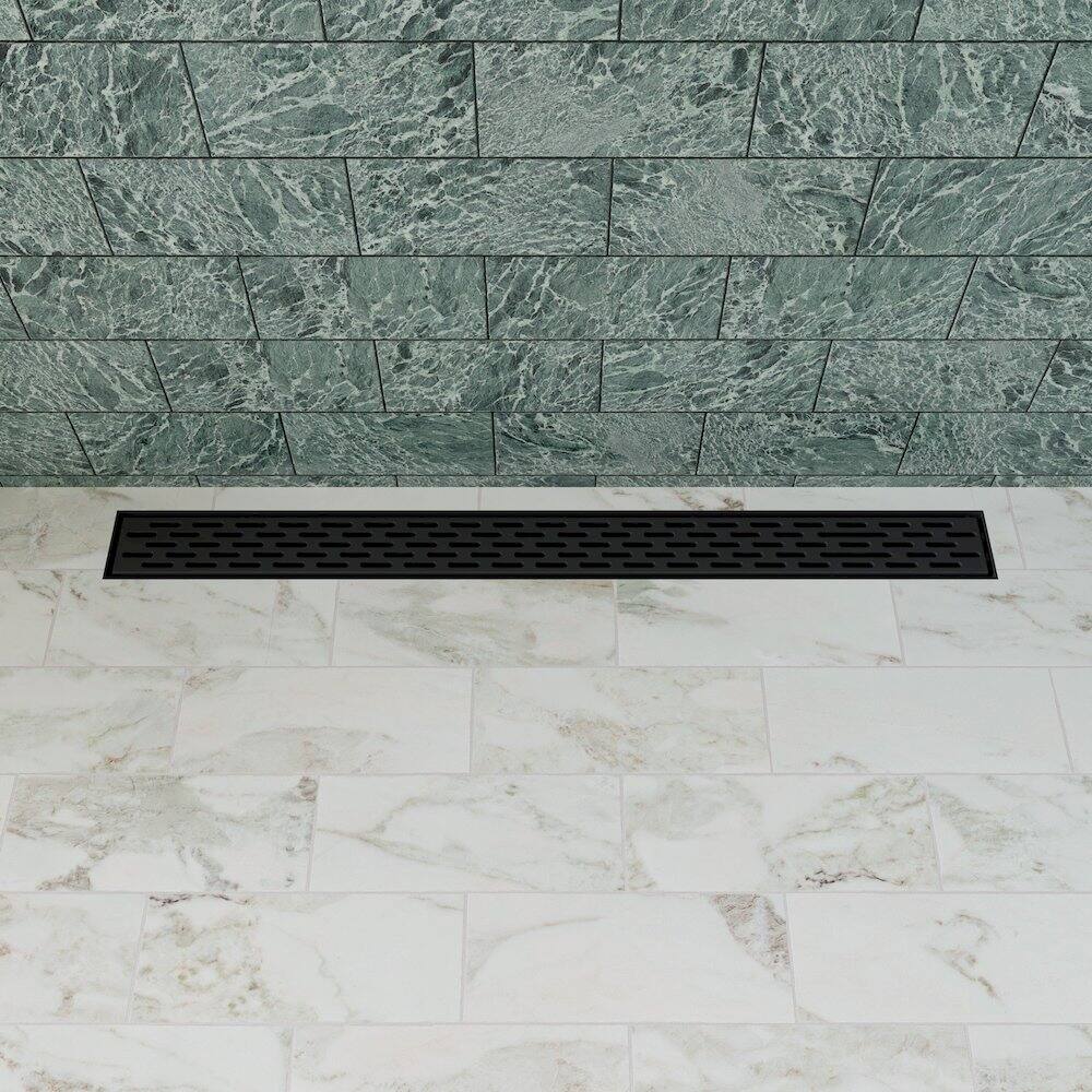 Angle. Alfi - 32" Black Matte Stainless Steel Linear Shower Drain with Groove Holes - Black.