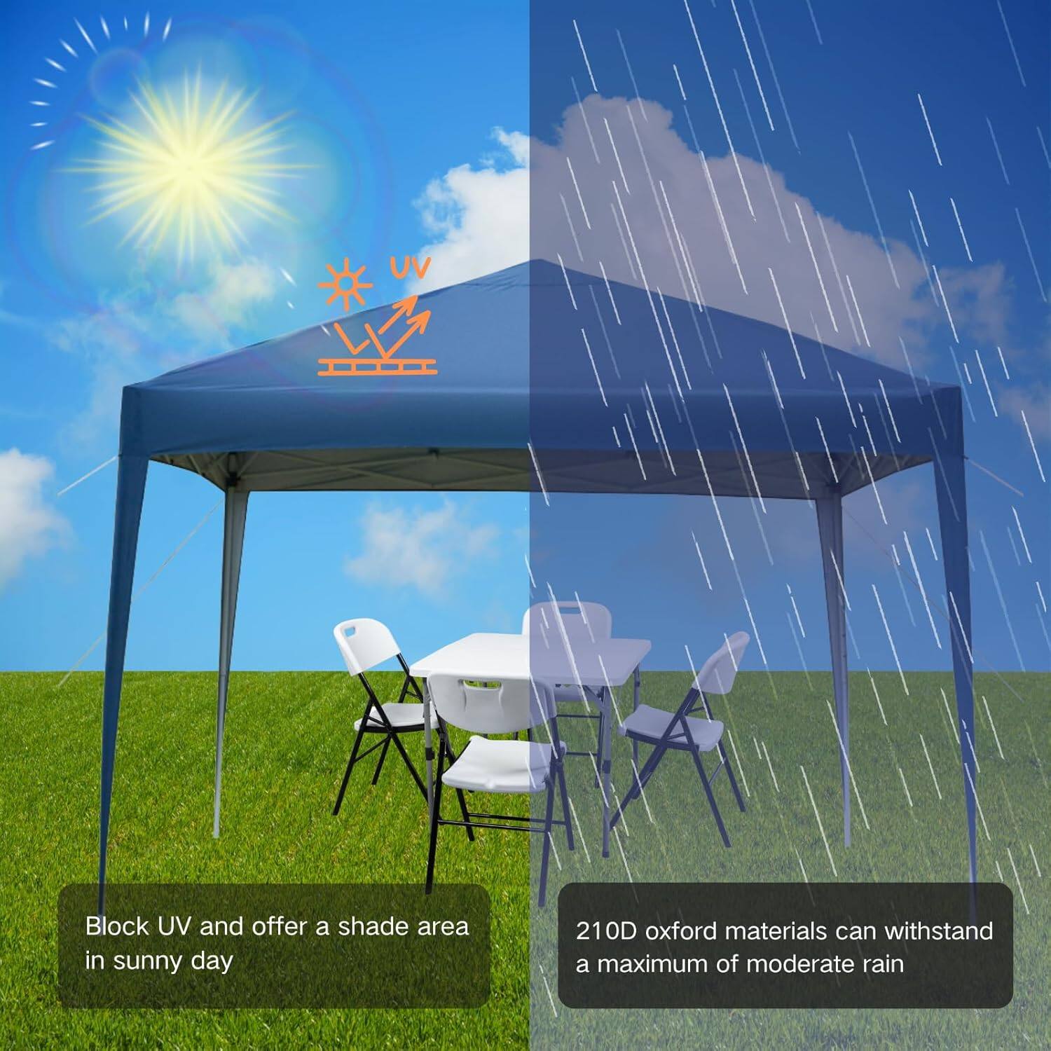 Block UV and offer a shade area in sunny day

210D oxford materials can withstand a maximum of moderate rain